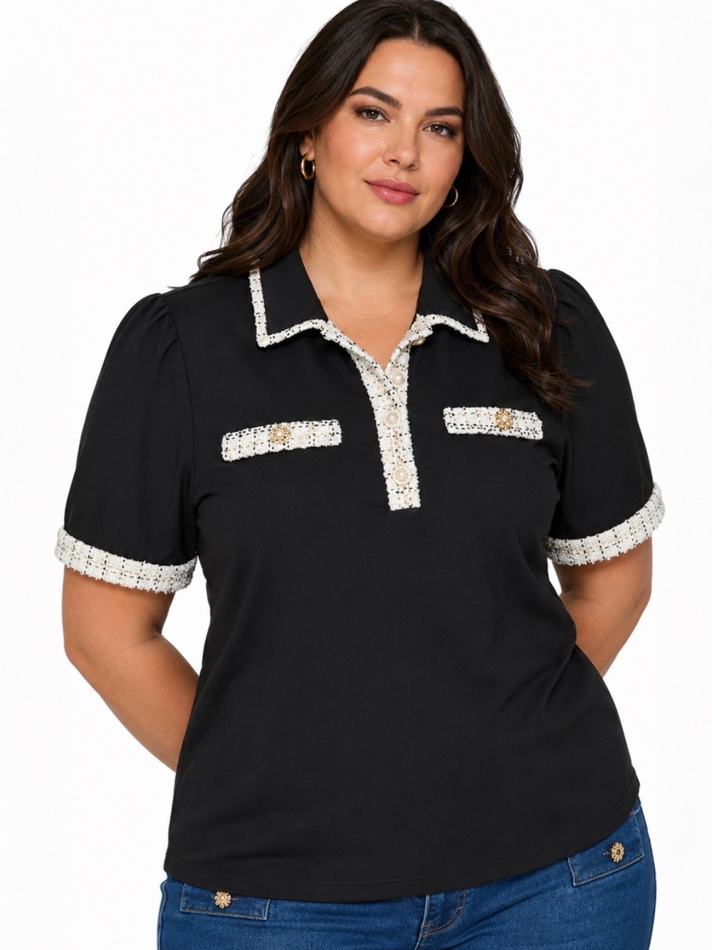 Karl Lagerfeld Short Sleeve Tweed Trimmed Collared Jeweled Black Top 0X